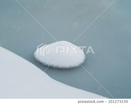 Selective focus. Spring ice, small snowy round island on melting ice. Abstract natural background. 101273230