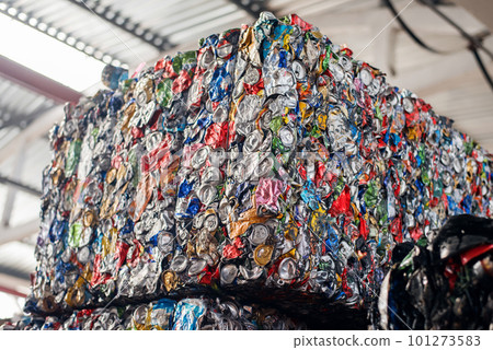 Compressed metal garbage at waste sorting plant Compressed metal garbage at waste sorting plant 101273583