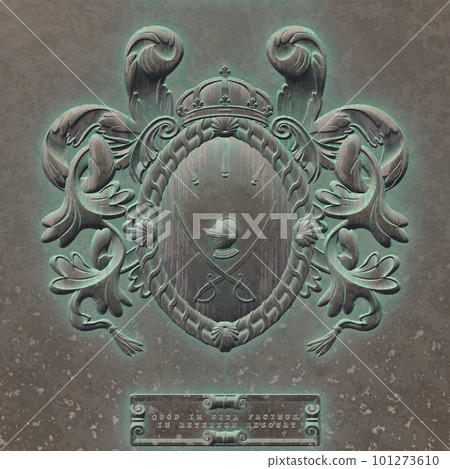Family coat of arms of a medieval knight, made of iron or copper,medieval heraldic iron coat of arms. 3D-rendering 101273610