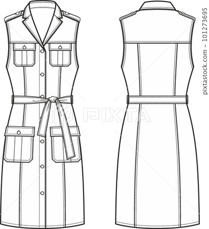 Womans sleeveless safari dress. Front and back. Womans sleeveless safari dress. Front and back. 101273695