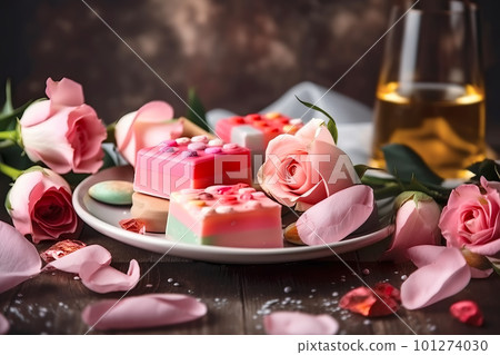 Composition with handmade soap and roses. Festive spa background. Generative AI illustration Composition with handmade soap and roses. Festive spa background. Generative AI illustration 101274030