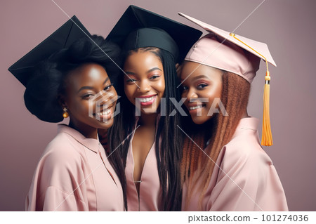 Group of Beautiful black american young woman wearing a graduation cap. Study, education, graduate concept. Generative AI illustration 101274036