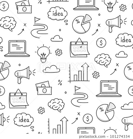 Business idea doodle seamless pattern background. Business success, creative idea concept doodle drawn sketch style pattern with lightbulb, megaphone, calendar element. Vector Business idea doodle seamless pattern background. Business success, creative idea concept doodle drawn sketch style pattern with lightbulb, megaphone, calendar element. Vector 101274334