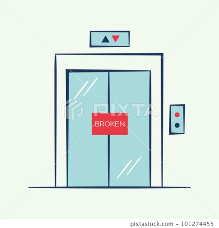 Broken home passenger elevator with warning sign. Device for lifting and lowering people.  101274455