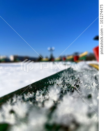 colorful benches under the snow in winter on the embankment 101274475