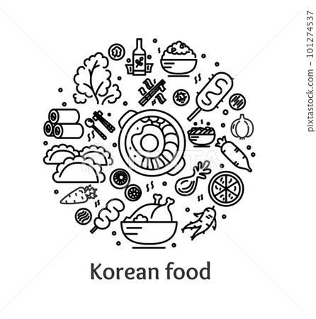 Korean Food Sign Round Design Template Thin Line Icon Banner. Vector 101274537