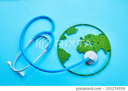 World Health Day. Global Health Awareness Concept. Globe and Stethoscope on blue background. 101274559