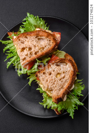 Delicious caprese sandwich with grilled toast, mozzarella, lettuce and tomatoes 101274624