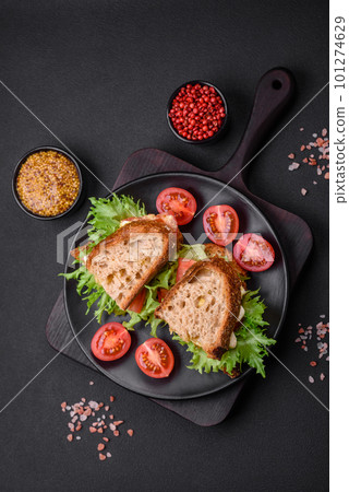 Delicious caprese sandwich with grilled toast, mozzarella, lettuce and tomatoes 101274629