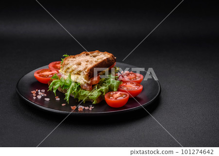 Delicious caprese sandwich with grilled toast, mozzarella, lettuce and tomatoes Delicious caprese sandwich with grilled toast, mozzarella, lettuce and tomatoes 101274642