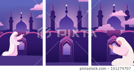 Eid Mubarak. A devout Muslims pray namaz or salah with Mosque Silhouette Backdrop. Great for cards, posters, banner. Vector Illustration. 101274707
