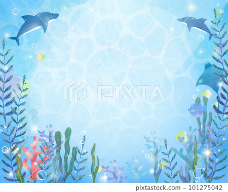 斯堪的納維亞可愛的矢量白色背景框架插圖素材的海中風景與海豚、水母和魚 101275042