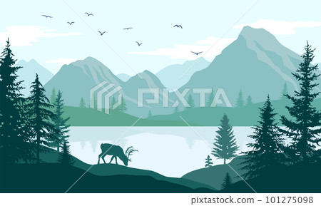 Vector illustration of a waterside landscape with mountains. Silhouettes of deer and coniferous forest. 101275098