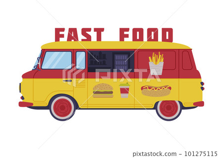 Red and Yellow Food Truck as Equipped Motorized Vehicle for Cooking and Selling Street Food Vector Illustration Red and Yellow Food Truck as Equipped Motorized Vehicle for Cooking and Selling Street Food Vector Illustration 101275115
