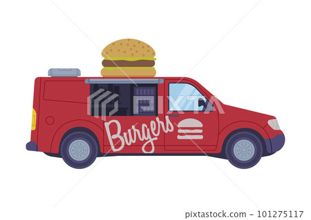 Red Hamburger Food Truck as Equipped Motorized Vehicle for Cooking and Selling Street Food Vector Illustration Red Hamburger Food Truck as Equipped Motorized Vehicle for Cooking and Selling Street Food Vector Illustration 101275117