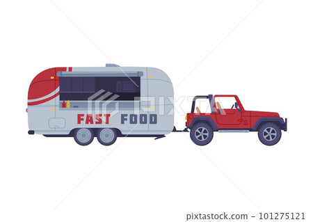 Car with Food Truck as Equipped Motorized Vehicle for Cooking and Selling Street Food Vector Illustration 101275121