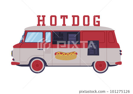 Food Truck with Hot Dog as Equipped Motorized Vehicle for Cooking and Selling Street Food Vector Illustration Food Truck with Hot Dog as Equipped Motorized Vehicle for Cooking and Selling Street Food Vector Illustration 101275126