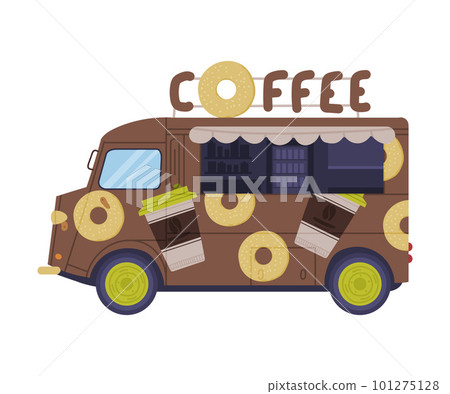 Brown Coffee and Donut Food Truck as Equipped Motorized Vehicle for Cooking and Selling Street Food Vector Illustration Brown Coffee and Donut Food Truck as Equipped Motorized Vehicle for Cooking and Selling Street Food Vector Illustration 101275128