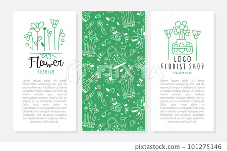 Flower shop logo design template. Floral boutique, studio, landscape designer, wedding florist flyer, promotional leaflet, invitation card hand drawn vector illustration Flower shop logo design template. Floral boutique, studio, landscape designer, wedding florist flyer, promotional leaflet, invitation card hand drawn vector illustration 101275146