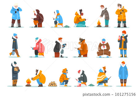 Fisherman in Warm Winter Clothing Capturing and Angling in Ice Hole with Fishing Rod Vector Set 101275156