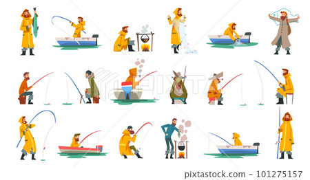 Fisherman with Boat in Coat Capturing and Angling with Fishing Rod Vector Set 101275157