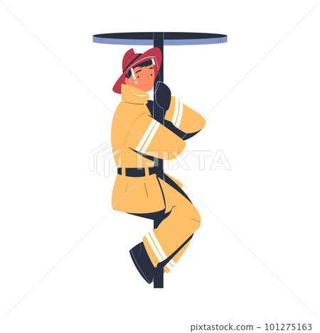 Professional firefighter on fire station pole. Fireman character in uniform and hat with rescue equipment. Rescue emergency service in action cartoon vector Professional firefighter on fire station pole. Fireman character in uniform and hat with rescue equipment. Rescue emergency service in action cartoon vector 101275163