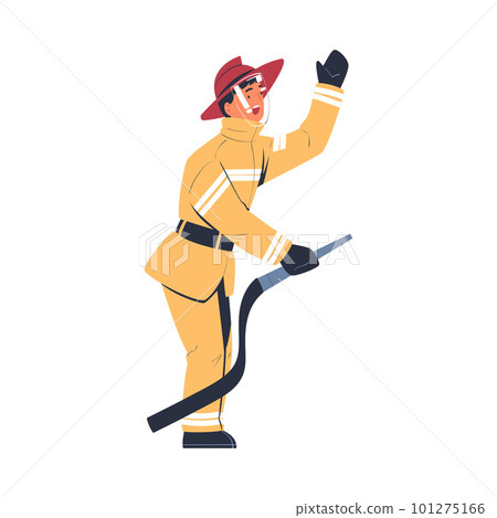 Professional firefighter using hose. Fireman character in uniform and hat with rescue equipment. Rescue emergency service in action cartoon vector Professional firefighter using hose. Fireman character in uniform and hat with rescue equipment. Rescue emergency service in action cartoon vector 101275166