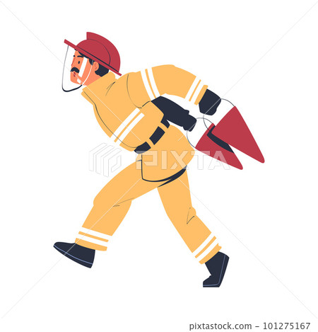 Professional firefighter running with buckets. Fireman character in uniform and hat with rescue equipment. Rescue emergency service in action cartoon vector illustration Professional firefighter running with buckets. Fireman character in uniform and hat with rescue equipment. Rescue emergency service in action cartoon vector illustration 101275167
