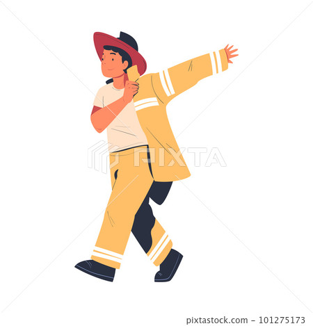 Professional firefighter putting on protective uniform while running. Rescue emergency service in action cartoon vector illustration Professional firefighter putting on protective uniform while running. Rescue emergency service in action cartoon vector illustration 101275173