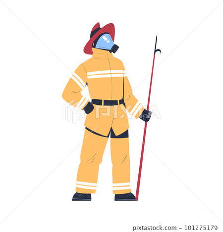 Professional firefighter standing with scrap. Fireman character in uniform, mask and hat with rescue equipment. Rescue emergency service in action cartoon vector illustration 101275179