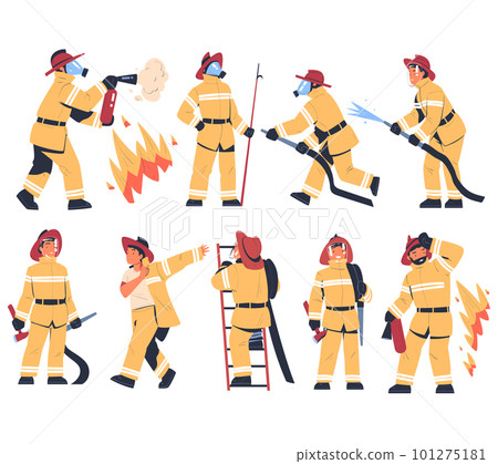 Professional firefighter in action poses with rescue equipment set. Fireman character in uniform, mask and hat. Rescue emergency service in action cartoon vector Professional firefighter in action poses with rescue equipment set. Fireman character in uniform, mask and hat. Rescue emergency service in action cartoon vector 101275181