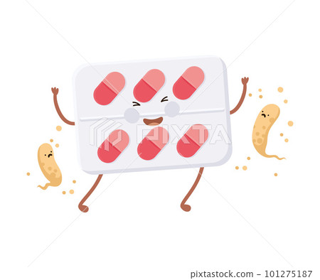 Funny medical pill blister packaging character fighting against bacterias or viruses cartoon vector illustration 101275187