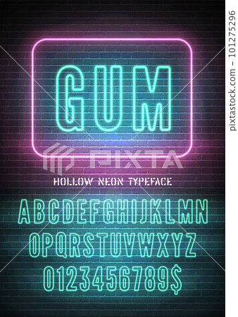 Night light glow font with numbers. Bubble Gum sign with blue pink hollow neon alphabet on dark brick wall background. Vector illustration 101275296