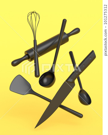 Wooden kitchen utensils, tools and equipment on monochrome background. Wooden kitchen utensils, tools and equipment on monochrome background. 101275312