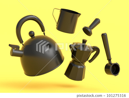 Espresso coffee machine with horn, kettle and geyser coffee maker on monochrome 101275316