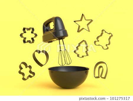 Metal bowl with electric mixer and cookie cutters on monochrome background 101275317
