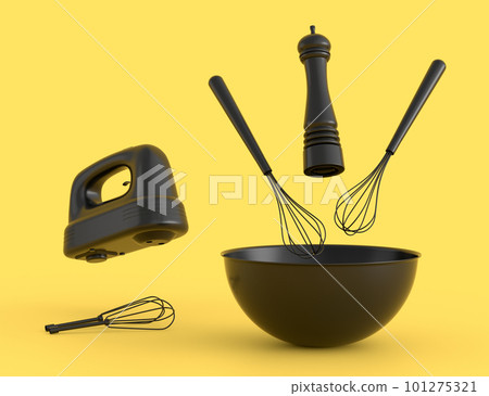 Metal bowl with electric mixer and cookie cutters on monochrome background 101275321