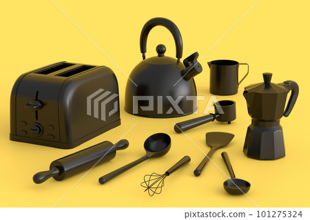 Toaster, kettle with kitchen utensil for preparation of breakfast on monochrome 101275324