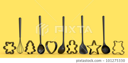 Set of metal cookie cutters and wooden kitchen utensils on monochrome background 101275330
