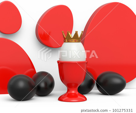 Unique white egg in royal king crown in ceramic eggcup and scattered black eggs 101275331