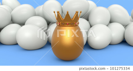 Crowd of farm white chicken eggs and unique gold egg in royal king crown Crowd of farm white chicken eggs and unique gold egg in royal king crown 101275334