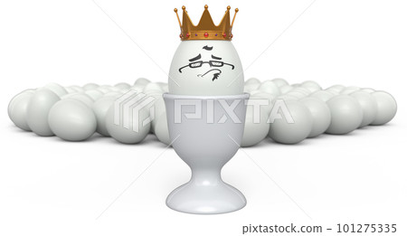 Crowd of farm white chicken eggs and unique egg with funny face and crown on it Crowd of farm white chicken eggs and unique egg with funny face and crown on it 101275335