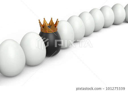Queue of farm white chicken eggs and unique black egg in gold royal king crown 101275339
