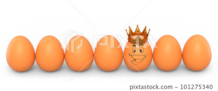 Queue of farm white chicken eggs and unique egg with funny face and gold crown 101275340