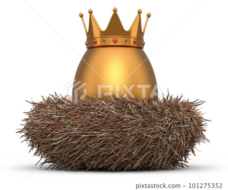 Farm gold egg with gold royal king crown in bird nest on white background 101275352