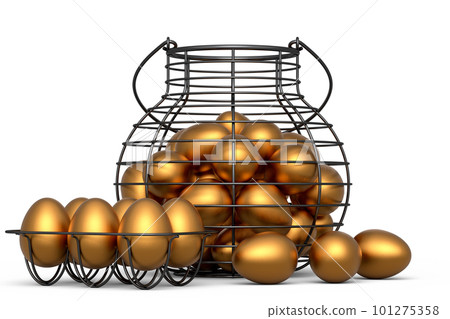 Luxury gold eggs in metal basket or paper cardboard for morning breakfast 101275358