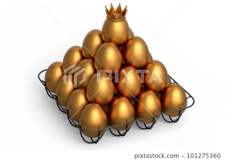 Luxury gold eggs standing in pyramid in metal tray for morning breakfast Luxury gold eggs standing in pyramid in metal tray for morning breakfast 101275360