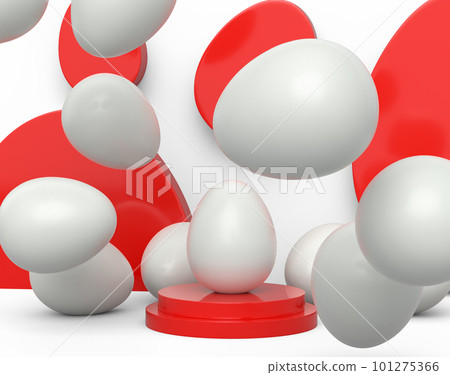 Farm white egg on podium and crowd of eggs standing in line on white background Farm white egg on podium and crowd of eggs standing in line on white background 101275366