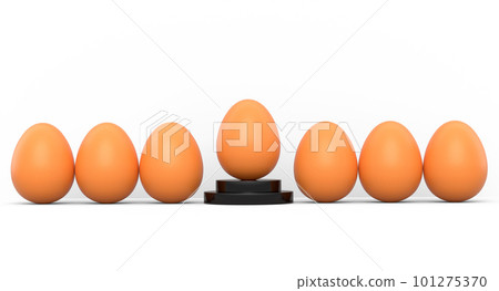 Farm brown egg on podium and crowd of eggs standing in line on white background 101275370