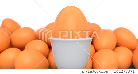 Farm brown painted egg in ceramic egg cup and crowd of eggs on white background 101275371